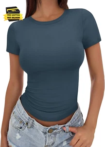 Womens Basic T Shirts Summer Tops 2025 Crop Short Sleeve Y2K Tee Cute Gym Fashio - Picture 1 of 6