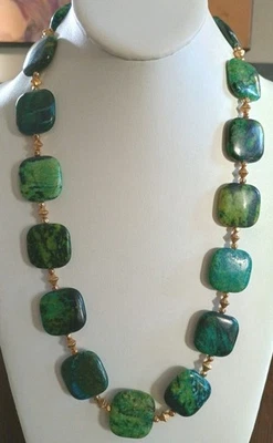Collar Artesanal Chrysocolla Grueso Cuadrado Tono Dorado Cuentas Naturaleza Boho Foto 1 de 4
