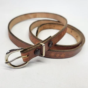 Flower Leather Belt 42 Boho Hippie Handmade Tooled Skinny Brown Vtg - Picture 1 of 13