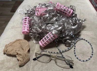Old Lady Costume wig Set,Gray Hair granny wig curly 6 rollers &eye glasses  - Image 1 of 4