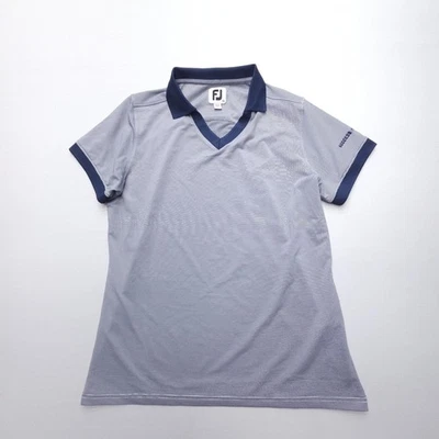 Polo de golfe FootJoy feminino médio listrado azul marinho desempenho elástico atlético - Imagem 1 de 4