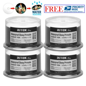 200 Ritek Pro DVD-R 16X 4.7GB Water Resistant Glossy White Inkjet Printable Disc - Picture 1 of 10
