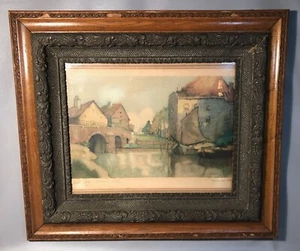 1800s Victorian Aquatint Print Dutch Village Frederic Van Helm Under Glass - Picture 1 of 10