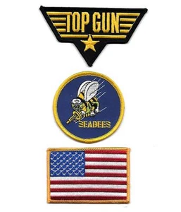 TOP GUN USN US MARINEMARINE USA Flagge SEABEES Nähen Aufbügeln NEUHEIT AUFNÄHER 3-teiliges Set Neu - Bild 1 von 1