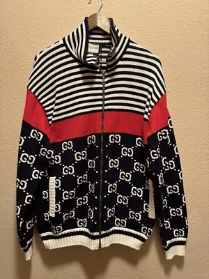 Nuevo Auténtico Suéter Gucci GG Supreme Maxi Logo Cremallera Azul Blanco Talla L Foto 1 de 4