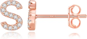 Initial Stud Earrings for Girls - S925 Sterling Silver Post Cubic Zirconia Stud - Picture 1 of 7