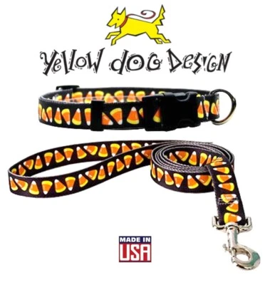 Large Halloween Dog Collar & Leash 18"-28" - Candy Corn Fall Yellow Dog Design - Image 1 of 4