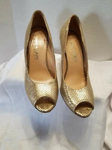 Tacones de cuña Carlo Pazolini Couture de cuero dorado serpiente en relieve punta abierta talla 7,5 - Imagen 1 de 8