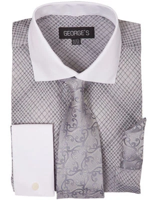 Nueva Mini Camisa de Vestir Diseño a Cuadros/A Cuadros Puño Francés Cuello Blanco Corbata y Pañuelo AH624 Foto 1 de 4
