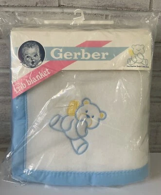 Gerber Blue Teddy Bear Crib Baby Blanket White Fleece Blue Satin Edge USA  1991 - Image 1 of 4
