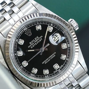 Rolex Mens Datejust Gold & SS Black Diamond Dial Fluted Bezel 36mm Watch 1601 - Picture 1 of 22
