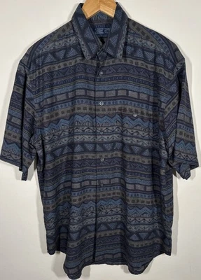 Vintage Debenhams Mens XL Casual Club Shirt Black Tribal Short Sleeve 1990s - Image 1 of 4
