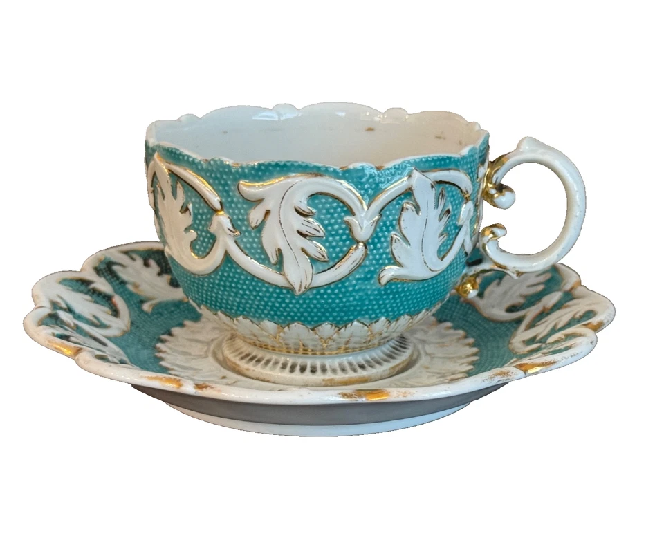 Meissen Porcelain Turquoise Blue with Raised White & Gold Gilt Cup and Saucer - Image 1 of 4