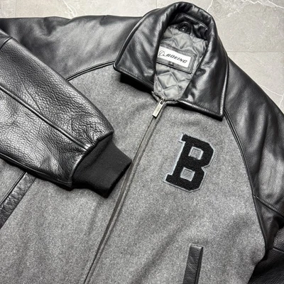 Boeing Durable Grey Black Leather Wool Varsity Letterman Jacket Lined Mens Med - Image 1 of 4