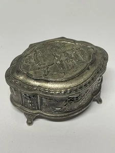 Vintage Trinket Box Silver Tone Metal Embossed Footed Jewelry Box Japan Decor - Picture 1 of 16