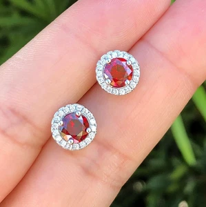 925 Sterling Silver Solitaire Natural Garnet Halo Stud Christmas Gifts For Her - Picture 1 of 7