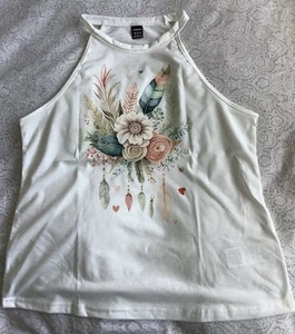 WOMENS SHEIN WHITE HALTERNECK T SHIRT WITH FLORAL DESIGN.SIZE MEDIUM.BRAND NEW. - Picture 1 of 3