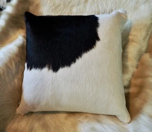 A Bold Black & White Premium Cowhide Leather 40CM Sq Cushion Cover - Picture 1 of 7