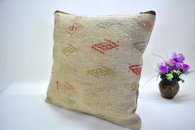 Traditional Beige Hand Knotted Kilim Pillow, 16x16in, Antique Beige Retro Pillow - Image 1 of 4