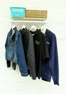 WHITE 4ft Wide Wall Mounted Clothes Hanging Rail with Raised Maple Effect Shelf - Picture 1 of 3