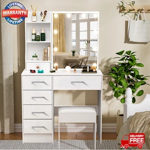 Dressing Table LED Light Set with 6 Drawers & Chair Vanity Makeup Desk White New - Picture 1 of 13