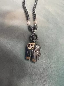 Vintage Hematite Elephant Pendant Necklace With Golden and Crystal Accents - Picture 1 of 3