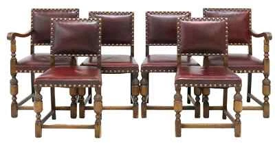 Armchairs & Side, Jacobean, Set of 6 , English, Oak, Leather, Vintage / Antique! - Image 1 of 4