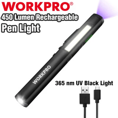 WORKPRO USB Rechargable Pocket Pen Light 450 Lumen LED Flashlight UV Black Light - Image 1 of 4