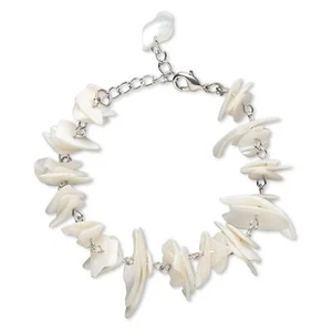 Handcrafted Bleached Freshwater Pearl Shell Beads Silver Tone Chain Bracelet - Picture 1 of 1