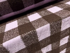 Wool Bouclé Coat Jacket Fabric, Per Metre - Lumberjack Check - Brown & Lilac - Picture 1 of 3
