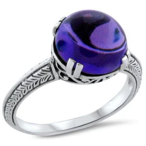 GENUINE AMETHYST CABOCHON CLASSIC ART DECO DESIGN 925 STERLING SILVER RING 302X - Picture 1 of 3