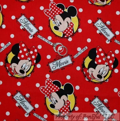 BonEful Fabric FQ Cotton Quilt Red White Minnie Mouse Disney Face Polka Dot Girl - Image 1 of 4