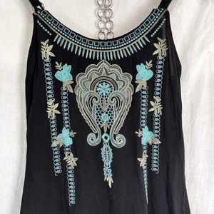 Monoreno Maxi Dress Black Turquoise Floral Sleeveless Embroidered Rayon Boho S - Picture 1 of 24