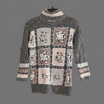 Vintage Silk Angora Wool Floral Patchwork Sweater Mock Neck Retro M Foto 1 de 4