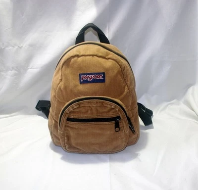 Y2K Jansport Mini Backpack Tan Corduroy Micro 3 Pockets T907 Bag - Image 1 of 2
