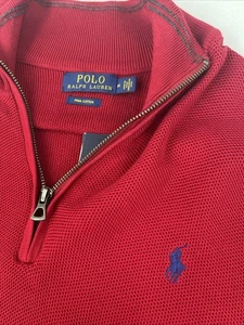 NUEVO CON ETIQUETAS Para hombres Polo Ralph Lauren Malla de Algodón 1/4 Cremallera Pullover Suéter, Rojo, Mediano - Imagen 1 de 6
