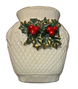 Jarrón mayólica porcelana Navidad blanco con acebo y bayas rojas con adorno dorado - Imagen 1 de 6