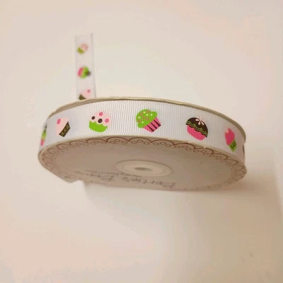 Berties Bows Ribbon Roll 16mm Grosgrain 25m White With Cupcakes Full Reel - Image 1 of 4
