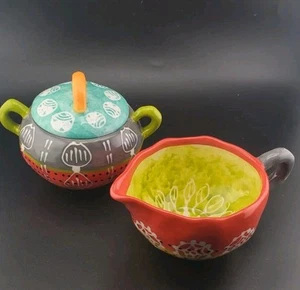 Anthropologie Keramik Milchkännchen und Zucker Set Bunt Folk Boho Serviergeschirr  - Bild 1 von 24