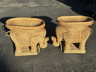 Pair of Vintage Rattan Wicker Elephant Plant Stand Side Tables with Tray - Image 1 of 4