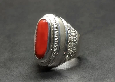 Natural Austrailia Red Coral Sterling Silver 925 Handmade Marjaan Heavy Men Ring - Image 1 of 4