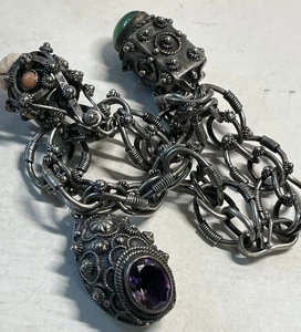 Rare Superb Antique Etruscan 800 Silver 3 Jeweled Chunky Charm Chain 9” Bracelet - Picture 1 of 7