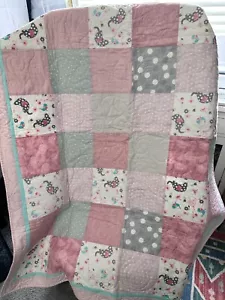 Handmade Patchwork Double Sided Quilt Baby Girls Elephants And Pink/Grey Theme - Picture 1 of 8