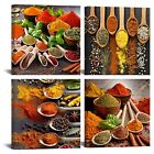 Kitchen Pictures Wall Decor 4 Piece Set Colorful Spices and Spoon Painting Ca...