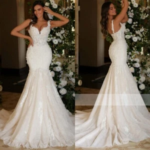 Luxury Mermaid Wedding Dress Spaghetti Straps Lace Applique Beaded Bridal Gowns - Picture 1 of 9