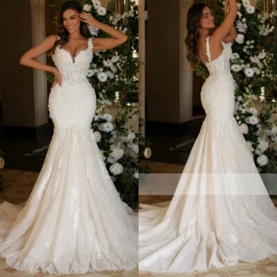 Luxury Mermaid Wedding Dress Spaghetti Straps Lace Applique Beaded Bridal Gowns - Изображение 1 из 4