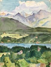 Aquarell Impressionist Landschaft bei Velden Wörthersee Austria Alpen signiert