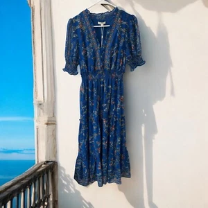 NWT Max Studio Ruffle Floral Print MIDI Maxi Tiered Dress Size M short slve blue - Picture 1 of 5