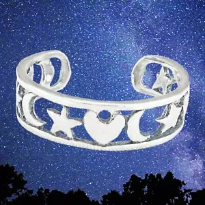 Cuore,Luna & Stars Punta Anello IN Argento Sterling Massiccio - Nuovo - Made Il - Foto 1 di 5