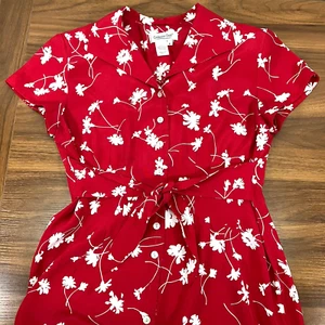 Coldwater Creek Womens Red/White Floral Short Slv Tie Waist Button Maxi Dress 8 - Picture 1 of 7